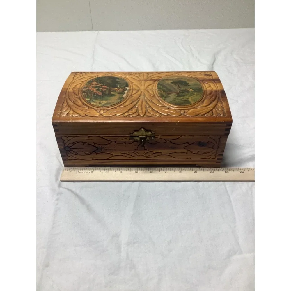 Vintage Carved Cedar Chest Wood Jewelry Box 11 x 6 